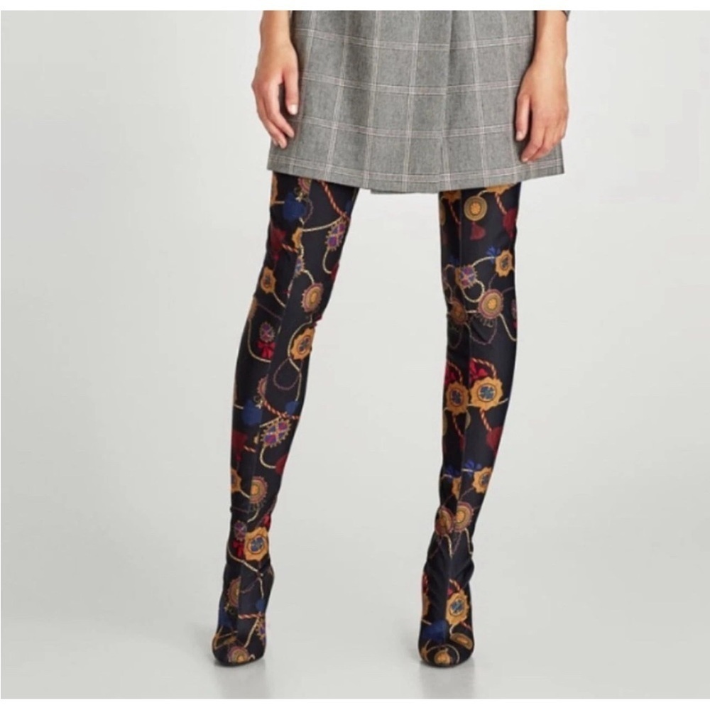 [38/7-7.5]ZARA Woman Black Satin Scarf Print Thigh High Heel Pointed Boots
